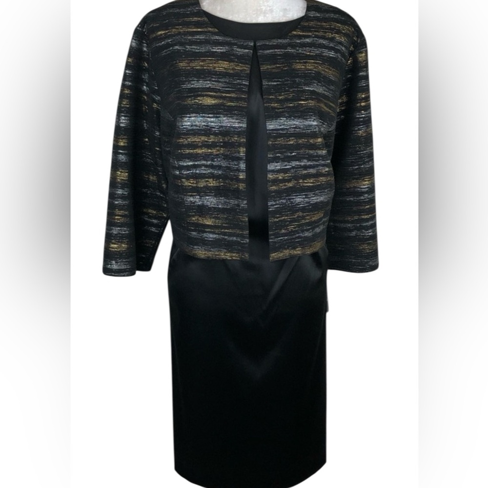 I.N. Studio black sheath dress with black/gold/silver jacket w/hook closure, 20W